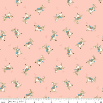 Image of the Flannel The Tale of Peter Rabbit Main Coral flannel cotton fabric by Beatrix Potter for Riley Blake Designs. Features characters on a coral pink background. 
Cute Little Fabric Shop