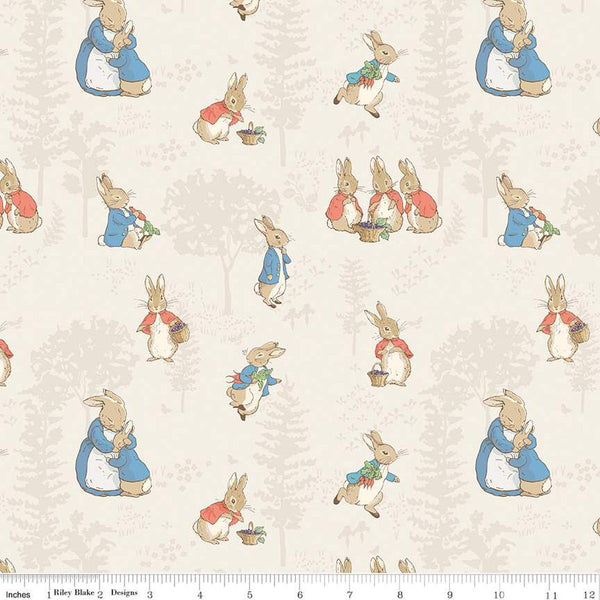 Image of the Flannel The Tale of Peter Rabbit Main Cream flannel cotton fabric by Beatrix Potter for Riley Blake Designs. Features characters on a cream background. 
Cute Little Fabric Shop