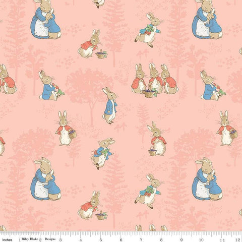 Image of the Flannel The Tale of Peter Rabbit Main Cream flannel cotton fabric by Beatrix Potter for Riley Blake Designs. Features characters on a light pink background. 
Cute Little Fabric Shop