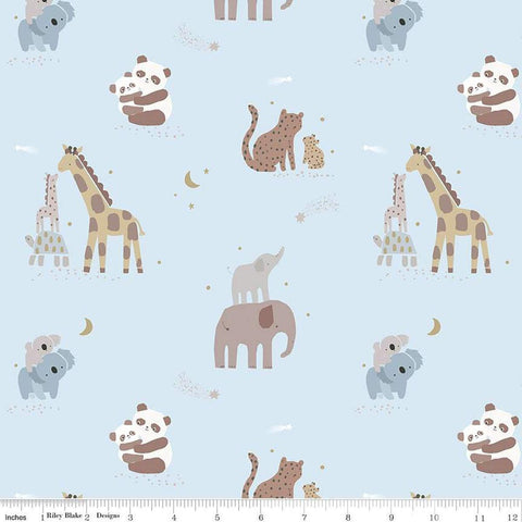 Image of the Flannel Safari Stargazing Boy Main Baby Blue flannel fabric by Riley Blake Designs. Features animals on a light blue background. 
Cute Little Fabric Shop