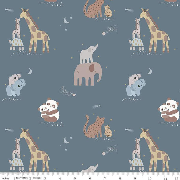 Image of the Flannel Safari Stargazing Boy Main Dark Blue flannel fabric by Riley Blake Designs. Features animals on a dark blue background. 
Cute Little Fabric Shop