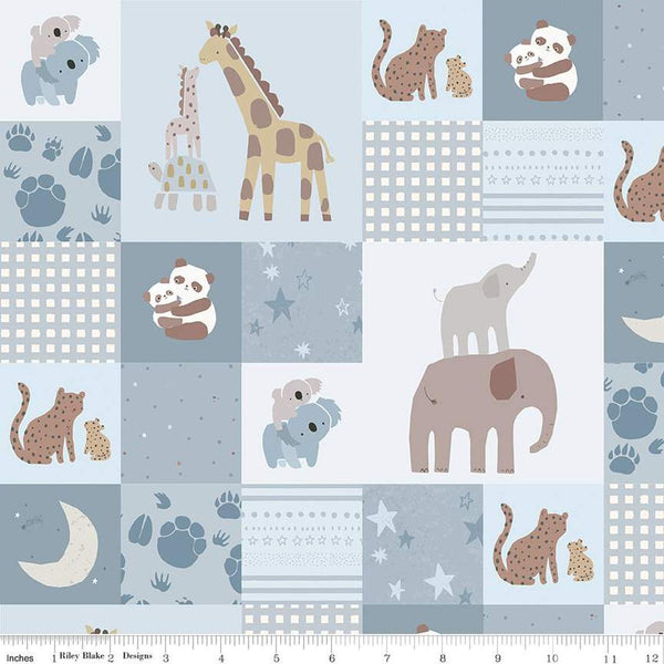 Image of the Flannel Safari Stargazing Boy Cheater Print Blue flannel fabric by Riley Blake Designs. Features patchwork animals on various backgrounds. 
Cute Little Fabric Shop