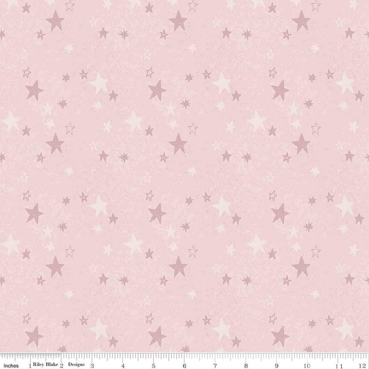 Image of the Flannel Safari Stargazing Girl Stars Pink flannel fabric by Riley Blake Designs. Features animals on a light pink background. 
Cute Little Fabric Shop