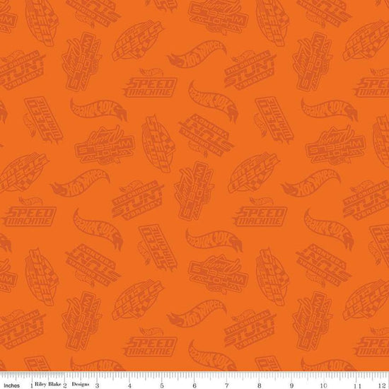 Image of the Hot Wheels Made to Race Tone-on-Tone Orange quilting cotton fabric by Riley Blake Designs. Official licensed product. Features tone-on-tone Hot Wheels logos and icons on an orange background. 
Cute Little Fabric Shop