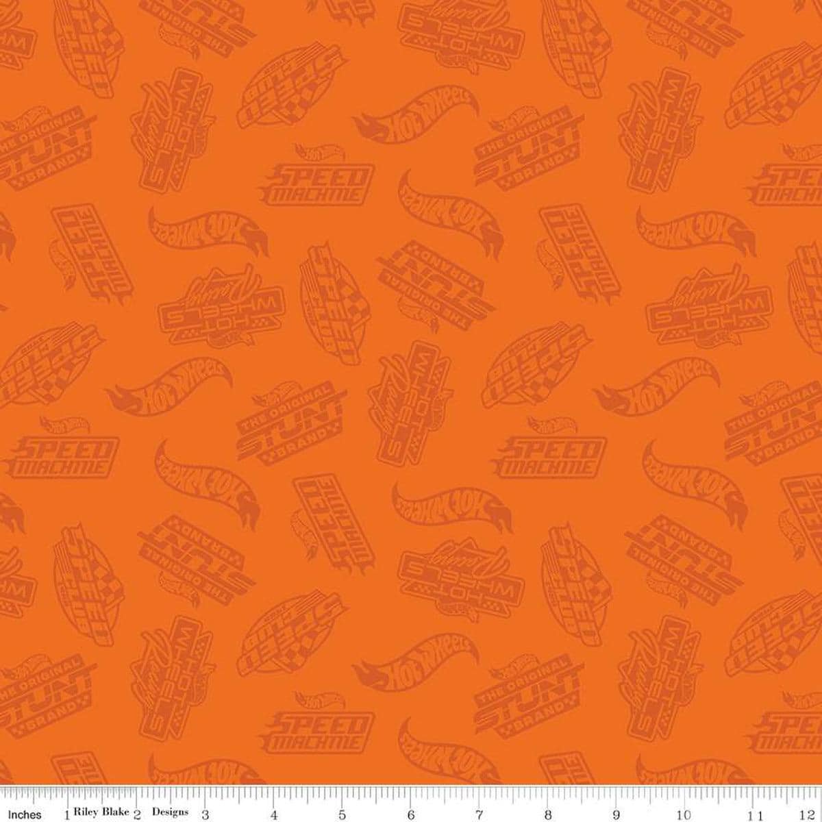 Image of the Hot Wheels Made to Race Tone-on-Tone Orange quilting cotton fabric by Riley Blake Designs. Official licensed product. Features tone-on-tone Hot Wheels logos and icons on an orange background. 
Cute Little Fabric Shop