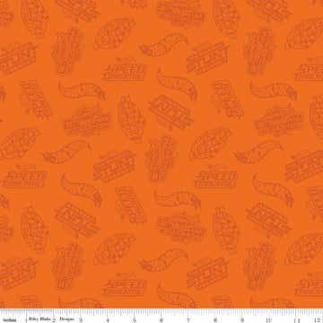Image of the Hot Wheels Made to Race Tone-on-Tone Orange quilting cotton fabric by Riley Blake Designs. Official licensed product. Features tone-on-tone Hot Wheels logos and icons on an orange background. 
Cute Little Fabric Shop