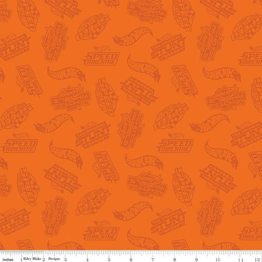 Image of the Hot Wheels Made to Race Tone-on-Tone Orange quilting cotton fabric by Riley Blake Designs. Official licensed product. Features tone-on-tone Hot Wheels logos and icons on an orange background. 
Cute Little Fabric Shop