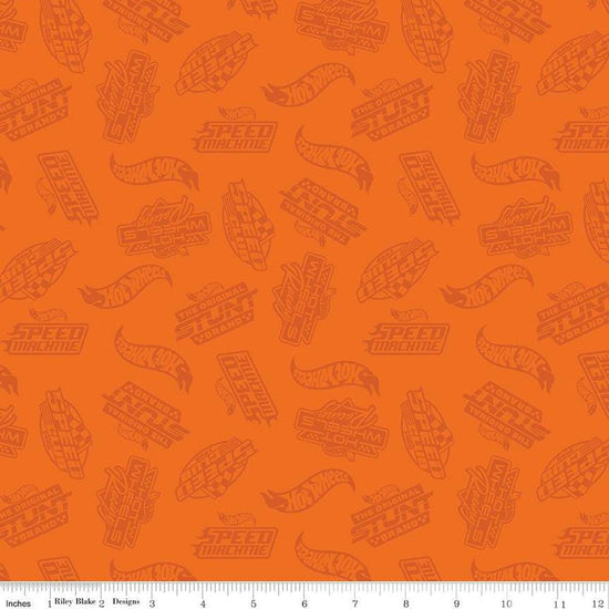 Image of the Hot Wheels Made to Race Tone-on-Tone Orange quilting cotton fabric by Riley Blake Designs. Official licensed product. Features tone-on-tone Hot Wheels logos and icons on an orange background. 
Cute Little Fabric Shop