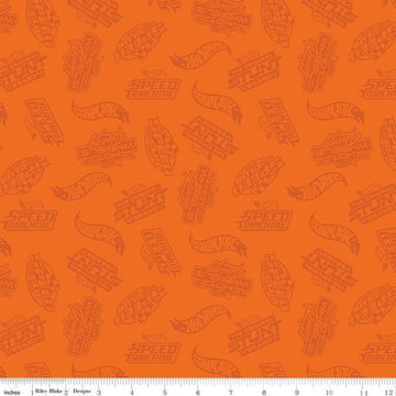 Image of the Hot Wheels Made to Race Tone-on-Tone Orange quilting cotton fabric by Riley Blake Designs. Official licensed product. Features tone-on-tone Hot Wheels logos and icons on an orange background. 
Cute Little Fabric Shop