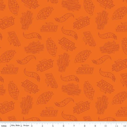 Image of the Hot Wheels Made to Race Tone-on-Tone Orange quilting cotton fabric by Riley Blake Designs. Official licensed product. Features tone-on-tone Hot Wheels logos and icons on an orange background. 
Cute Little Fabric Shop