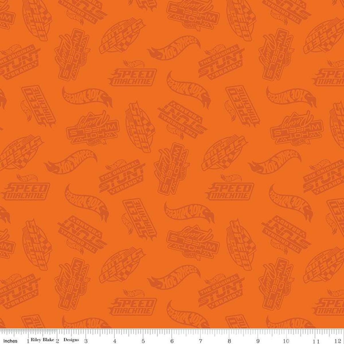 Image of the Hot Wheels Made to Race Tone-on-Tone Orange quilting cotton fabric by Riley Blake Designs. Official licensed product. Features tone-on-tone Hot Wheels logos and icons on an orange background. 
Cute Little Fabric Shop