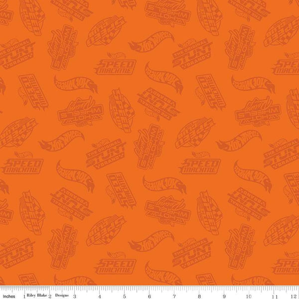 Image of the Hot Wheels Made to Race Tone-on-Tone Orange quilting cotton fabric by Riley Blake Designs. Official licensed product. Features tone-on-tone Hot Wheels logos and icons on an orange background. 
Cute Little Fabric Shop