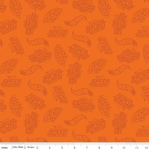 Image of the Hot Wheels Made to Race Tone-on-Tone Orange quilting cotton fabric by Riley Blake Designs. Official licensed product. Features tone-on-tone Hot Wheels logos and icons on an orange background. 
Cute Little Fabric Shop