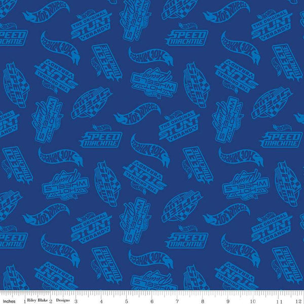 Image of the Hot Wheels Made to Race Tone-on-Tone Navy quilting cotton fabric by Riley Blake Designs. Official licensed product. Features tone-on-tone Hot Wheels logos and icons on a dark blue background. 
Cute Little Fabric Shop