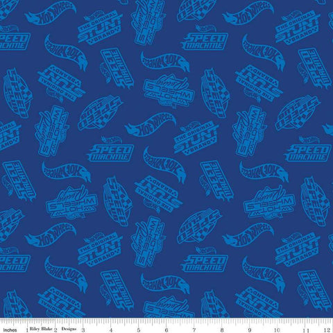 Image of the Hot Wheels Made to Race Tone-on-Tone Navy quilting cotton fabric by Riley Blake Designs. Official licensed product. Features tone-on-tone Hot Wheels logos and icons on a dark blue background. 
Cute Little Fabric Shop