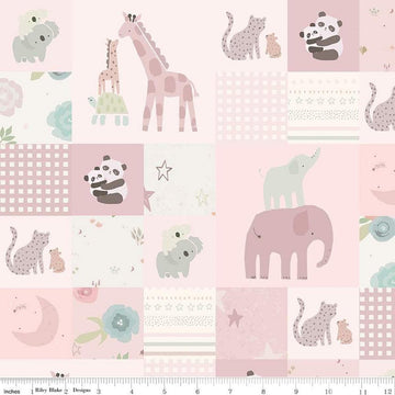 Image of the Flannel Safari Stargazing Girl Cheater Print Pink flannel fabric by the RBD Designers for Riley Blake Designs. Features patchwork animals on various colored backgrounds. 
Cute Little Fabric Shop