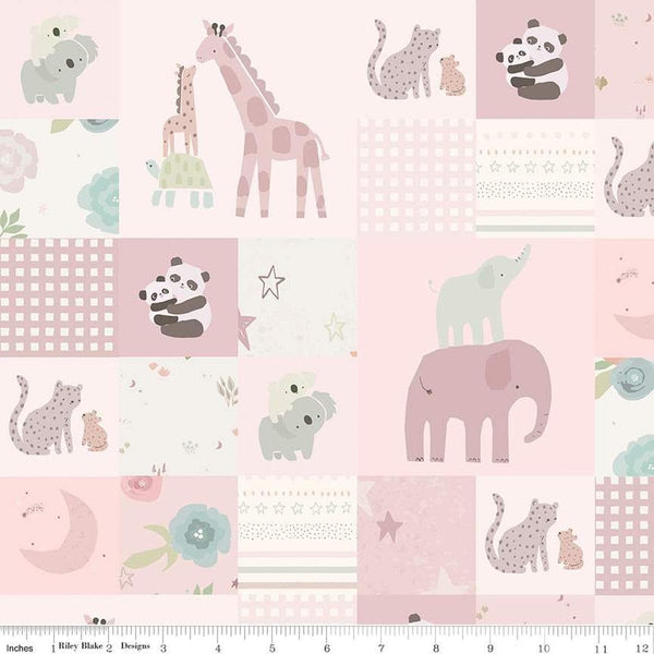 Image of the Flannel Safari Stargazing Girl Cheater Print Pink flannel fabric by the RBD Designers for Riley Blake Designs. Features patchwork animals on various colored backgrounds. 
Cute Little Fabric Shop