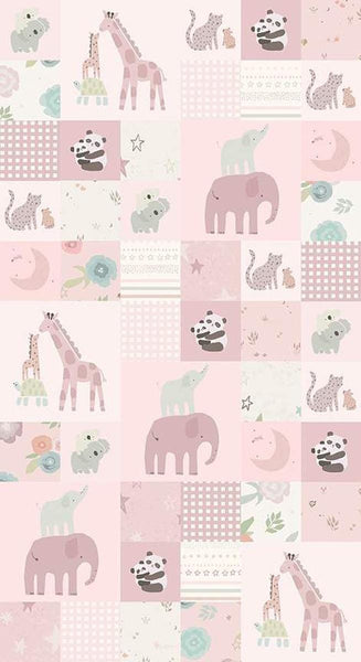 SALE FLANNEL Safari Stargazing Girl Cheater Print F15315 Pink - Riley Blake Designs - Patchwork Animals Stars - FLANNEL Cotton Fabric