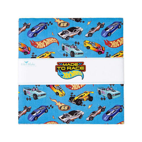 Image of the Hot Wheels Made to Race 10 inch Stacker by Riley Blake Designs. Official licensed product. Features cars, icons, and flames on blue, white, and orange backgrounds. 
Cute Little Fabric Shop