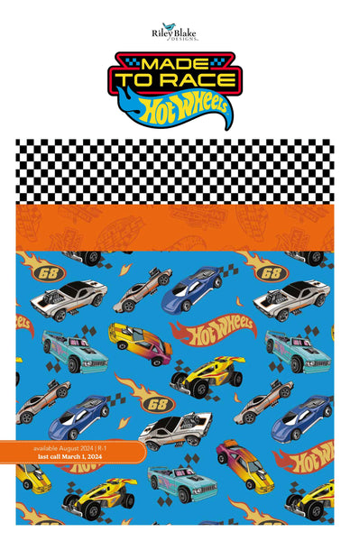 Image of the Hot Wheels Made to Race Storyboard by Riley Blake Designs. Official licensed product. Features cars, icons, and flames on blue, white, and orange backgrounds. 
Cute Little Fabric Shop