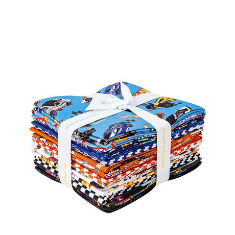 Image of the Hot Wheels Made to Race Fat Quarter Bundle by Riley Blake Designs. Official licensed product. Features cars, icons, and flames on blue, white, and orange backgrounds. 
Cute Little Fabric Shop