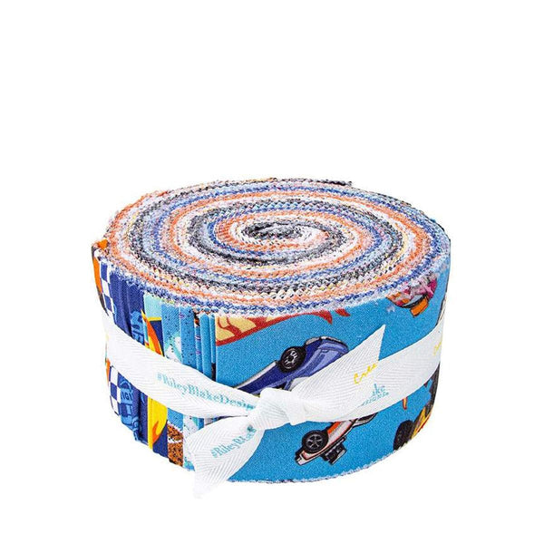 Image of the Hot Wheels Made to Race Rolie Polie by Riley Blake Designs. Official licensed product. Features cars, icons, and flames on blue, white, and orange backgrounds. 
Cute Little Fabric Shop