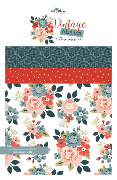 Image of the Vintage Charm 5 inch stacker by Dani Mogstad for Riley Blake Designs. Features white, red, and blue fabrics with floral patterns. 
Cute Little Fabric Shop
