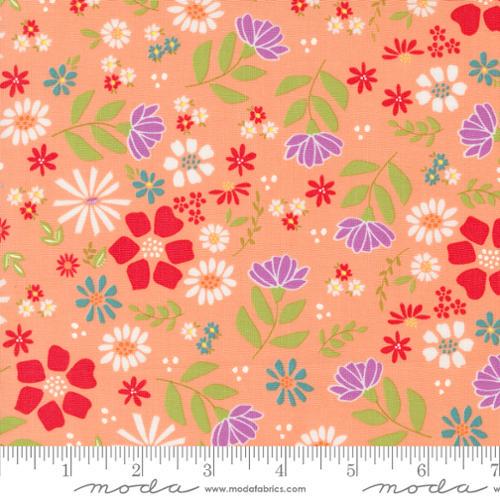 Image of the Laguna Sunrise Main Cantaloupe quilting cotton fabric by Sherri & Chelsi for Moda Fabrics. Features large colorful flowers on a coral peach background. 
Cute Little Fabric Shop