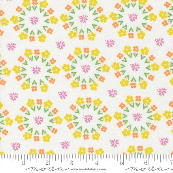 Image of the Laguna Sunrise Paradise Florals Off White quilting cotton fabric by Sherri & Chelsi for Moda Fabrics. Features small circular flowers on a white background. 
Cute Little Fabric Shop