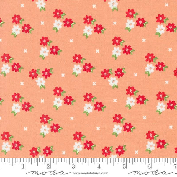 Image of the Laguna Sunrise Blossoms Cantaloupe quilting cotton fabric by Sherri & Chelsi for Moda Fabrics. Features small flowers on a peach background. 
Cute Little Fabric Shop