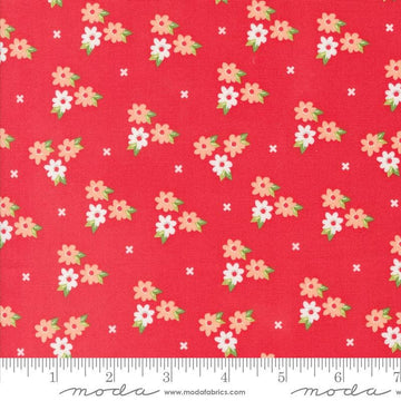 Image of the Laguna Sunrise Blossoms Geranium quilting cotton fabric by Sherri & Chelsi for Moda Fabrics. Features small flowers on a bright red background. 
Cute Little Fabric Shop