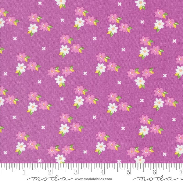 Image of the Laguna Sunrise Blossoms Violet quilting cotton fabric by Sherri & Chelsi for Moda Fabrics. Features small flowers on a bright purple background. 
Cute Little Fabric Shop