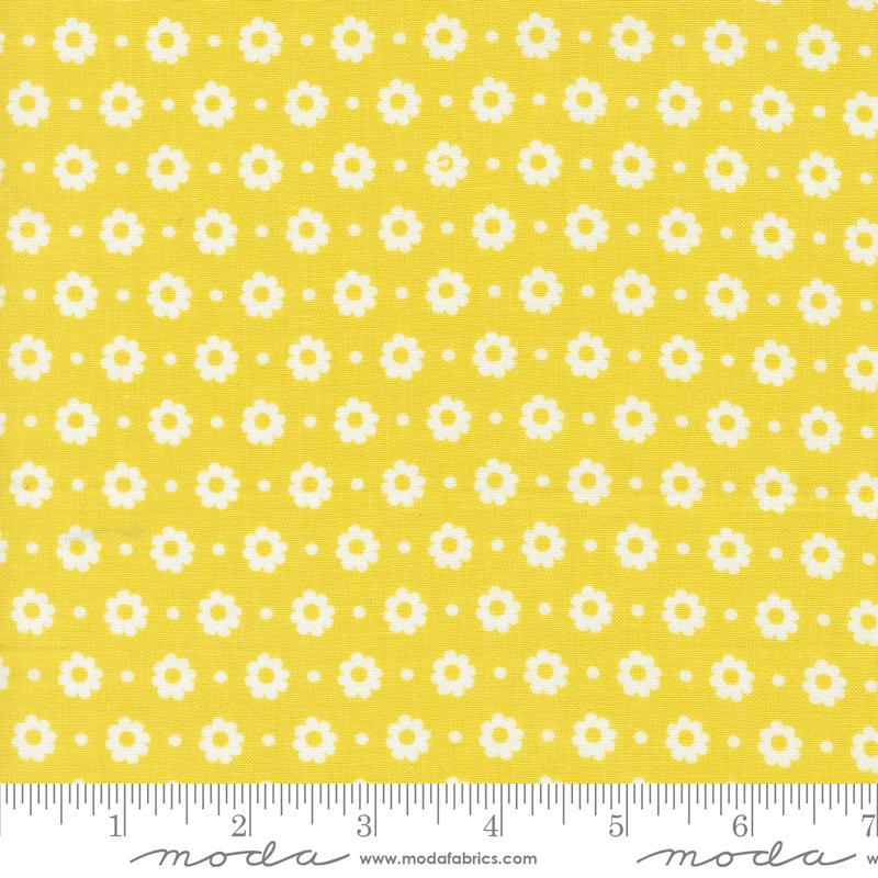 Image of the Laguna Sunrise Floral Dot Citrine quilting cotton fabric by Sherri & Chelsi for Moda Fabrics. Features small flowers on a light yellow background. 
Cute Little Fabric Shop