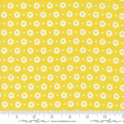 Image of the Laguna Sunrise Floral Dot Citrine quilting cotton fabric by Sherri & Chelsi for Moda Fabrics. Features small flowers on a light yellow background. 
Cute Little Fabric Shop