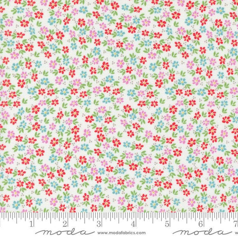 Image of the Laguna Sunrise Small Flowers Off White quilting cotton fabric by Sherri & Chelsi for Moda Fabrics. Features small scattered flowers on a white background. 
Cute Little Fabric Shop