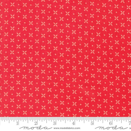 Image of the Laguna Sunrise Orange Peel Geranium quilting cotton fabric by Sherri & Chelsi for Moda Fabrics. Features small geometric orange peels on a bright red background. 
Cute Little Fabric Shop