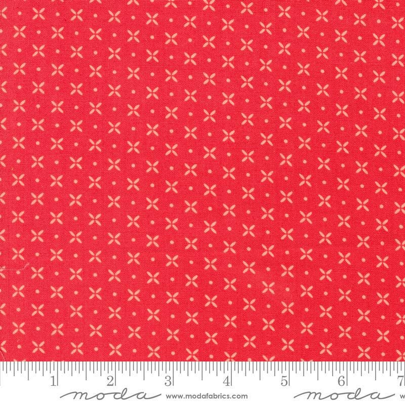 Image of the Laguna Sunrise Orange Peel Geranium quilting cotton fabric by Sherri & Chelsi for Moda Fabrics. Features small geometric orange peels on a bright red background. 
Cute Little Fabric Shop