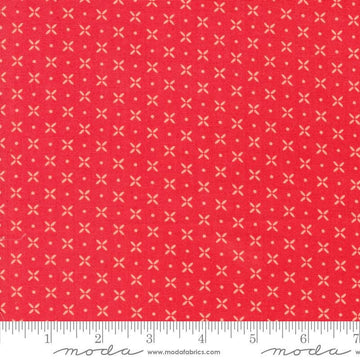 Image of the Laguna Sunrise Orange Peel Geranium quilting cotton fabric by Sherri & Chelsi for Moda Fabrics. Features small geometric orange peels on a bright red background. 
Cute Little Fabric Shop