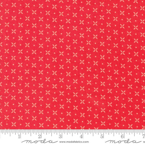 Image of the Laguna Sunrise Orange Peel Geranium quilting cotton fabric by Sherri & Chelsi for Moda Fabrics. Features small geometric orange peels on a bright red background. 
Cute Little Fabric Shop