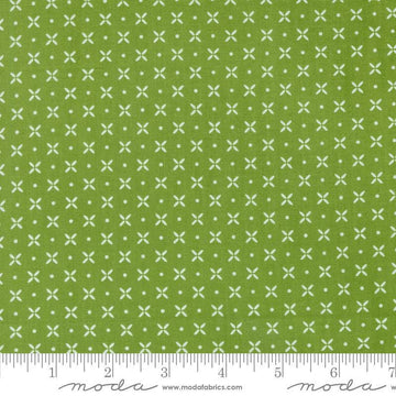 Image of the Laguna Sunrise Orange Peel Fresh Grass quilting cotton fabric by Sherri & Chelsi for Moda Fabrics. Features small geometric orange peels on a grass background. 
Cute Little Fabric Shop