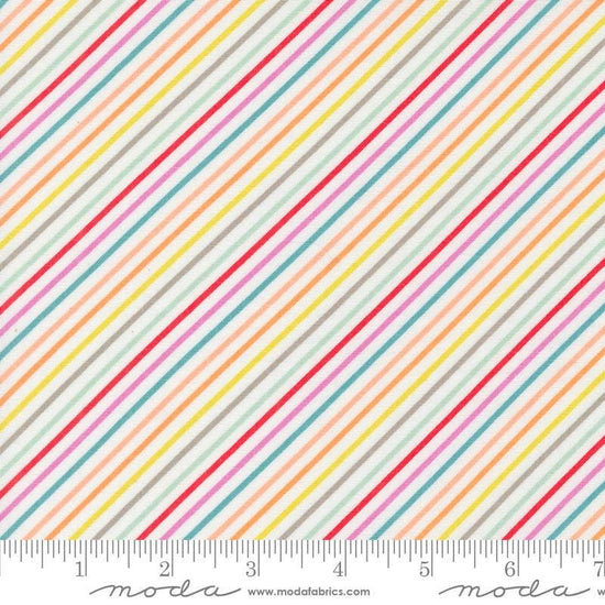 Image of the Laguna Sunrise Stripes Off White quilting cotton fabric by Sherri & Chelsi for Moda Fabrics. Features diagonal stripes on a white background. 
Cute Little Fabric Shop