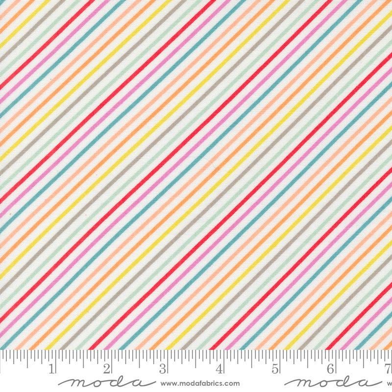 Image of the Laguna Sunrise Stripes Off White quilting cotton fabric by Sherri & Chelsi for Moda Fabrics. Features diagonal stripes on a white background. 
Cute Little Fabric Shop
