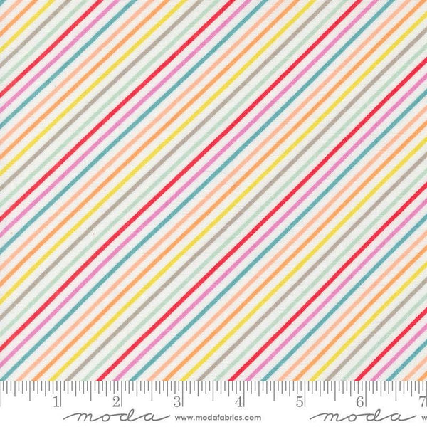 Image of the Laguna Sunrise Stripes Off White quilting cotton fabric by Sherri & Chelsi for Moda Fabrics. Features diagonal stripes on a white background. 
Cute Little Fabric Shop