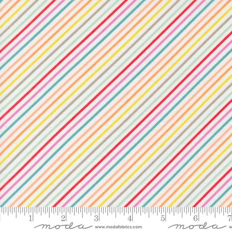 Image of the Laguna Sunrise Stripes Off White quilting cotton fabric by Sherri & Chelsi for Moda Fabrics. Features diagonal stripes on a white background. 
Cute Little Fabric Shop