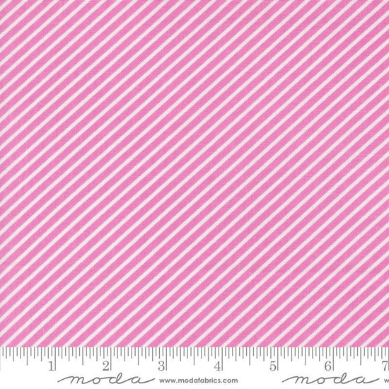 Image of the Laguna Sunrise Stripes Sweet Pea quilting cotton fabric by Sherri & Chelsi for Moda Fabrics. Features diagonal stripes on a pink purple background. 
Cute Little Fabric Shop