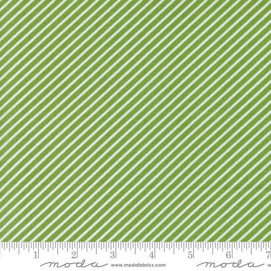 Image of the Laguna Sunrise Stripes Fresh Grass quilting cotton fabric by Sherri & Chelsi for Moda Fabrics. Features diagonal stripes on a green background. 
Cute Little Fabric Shop