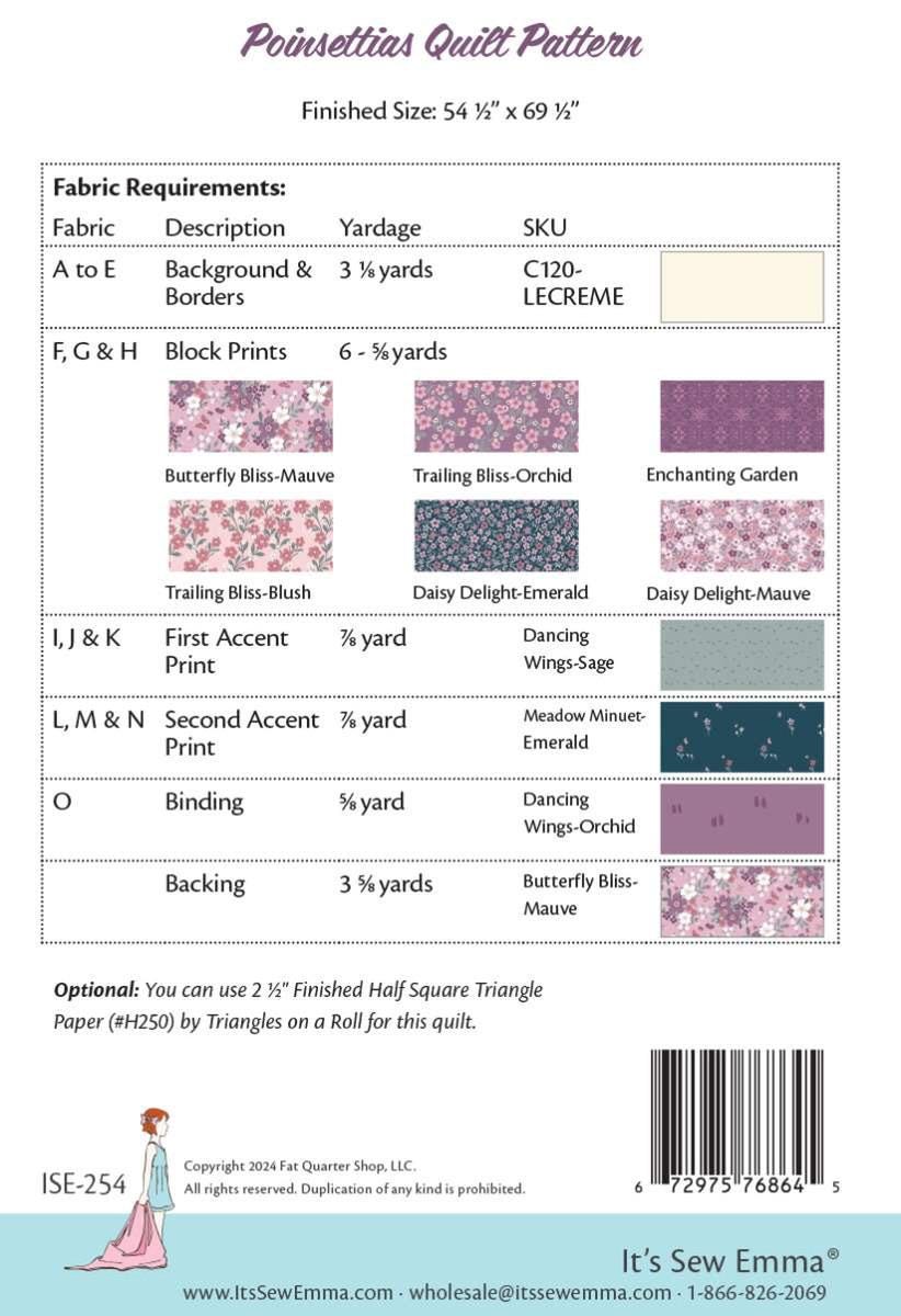 Image of the Poinsettias quilt pattern by Krystal Stahl from Its Sew Emma for Riley Blake Designs. Features the fabric requirements to construct the quilt. 
Cute Little Fabric Shop