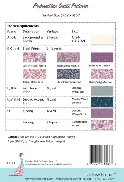 Image of the Poinsettias quilt pattern by Krystal Stahl from Its Sew Emma for Riley Blake Designs. Features the fabric requirements to construct the quilt. 
Cute Little Fabric Shop