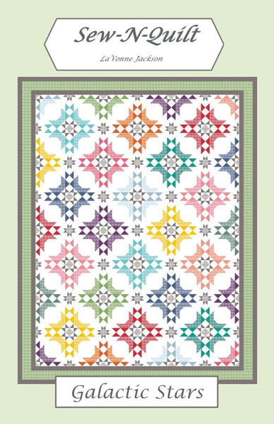 Image of the Galactic Stars quilt pattern by La Vonne Jackson for Riley Blake Designs. Features pieced star blocks on a white background. 
Cute Little Fabric Shop