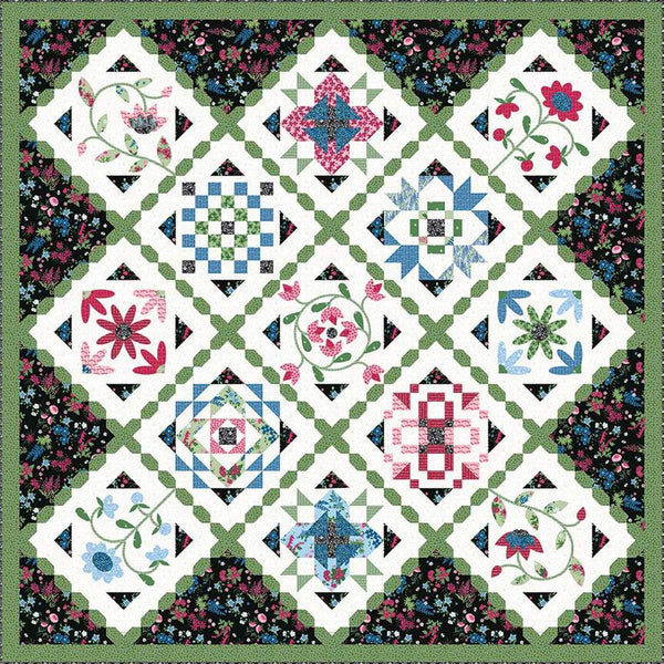 Image of the Gracious Grove quilt pattern by Jillily Studio for Riley Blake Designs. Featuresaquares with intricate quilt blocks on a dark background. 
Cute Little Fabric Shop